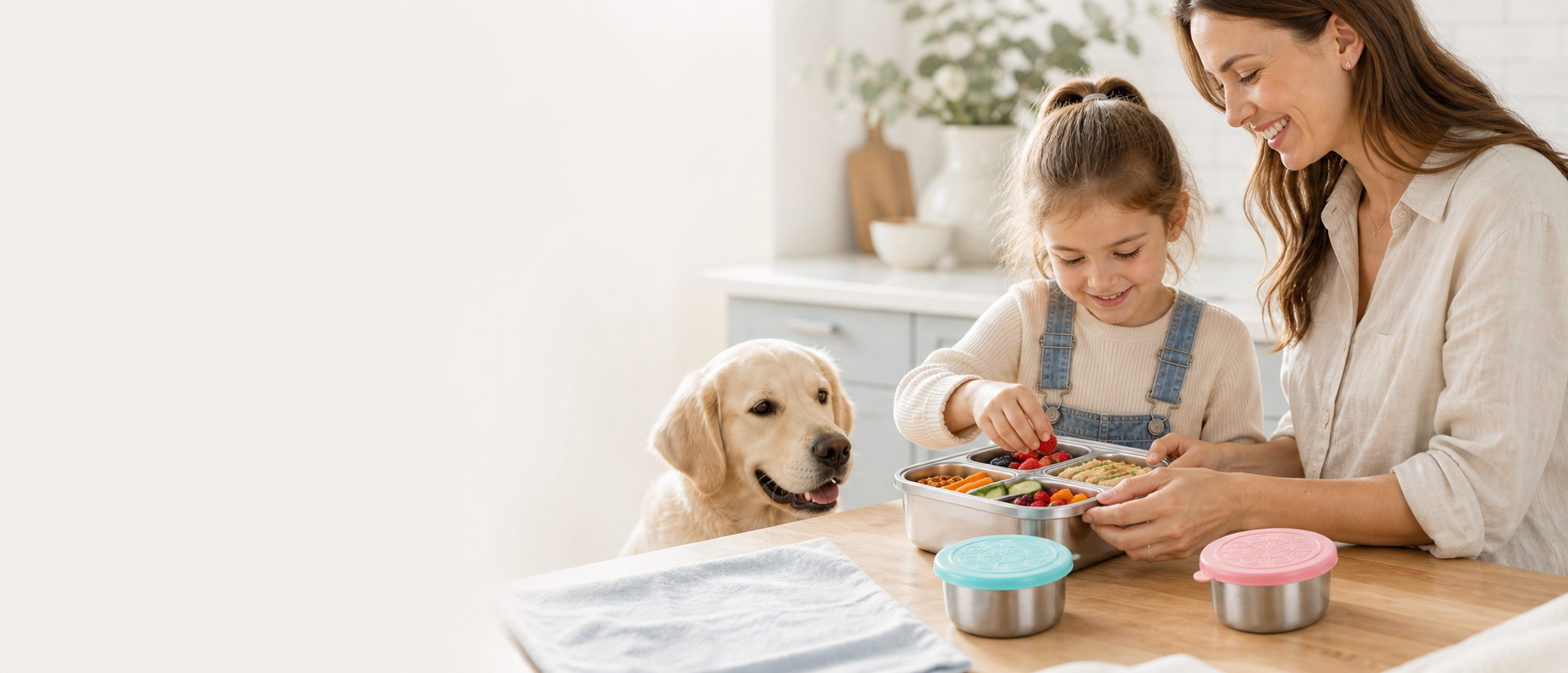 Warm family kitchen moment with child and pet