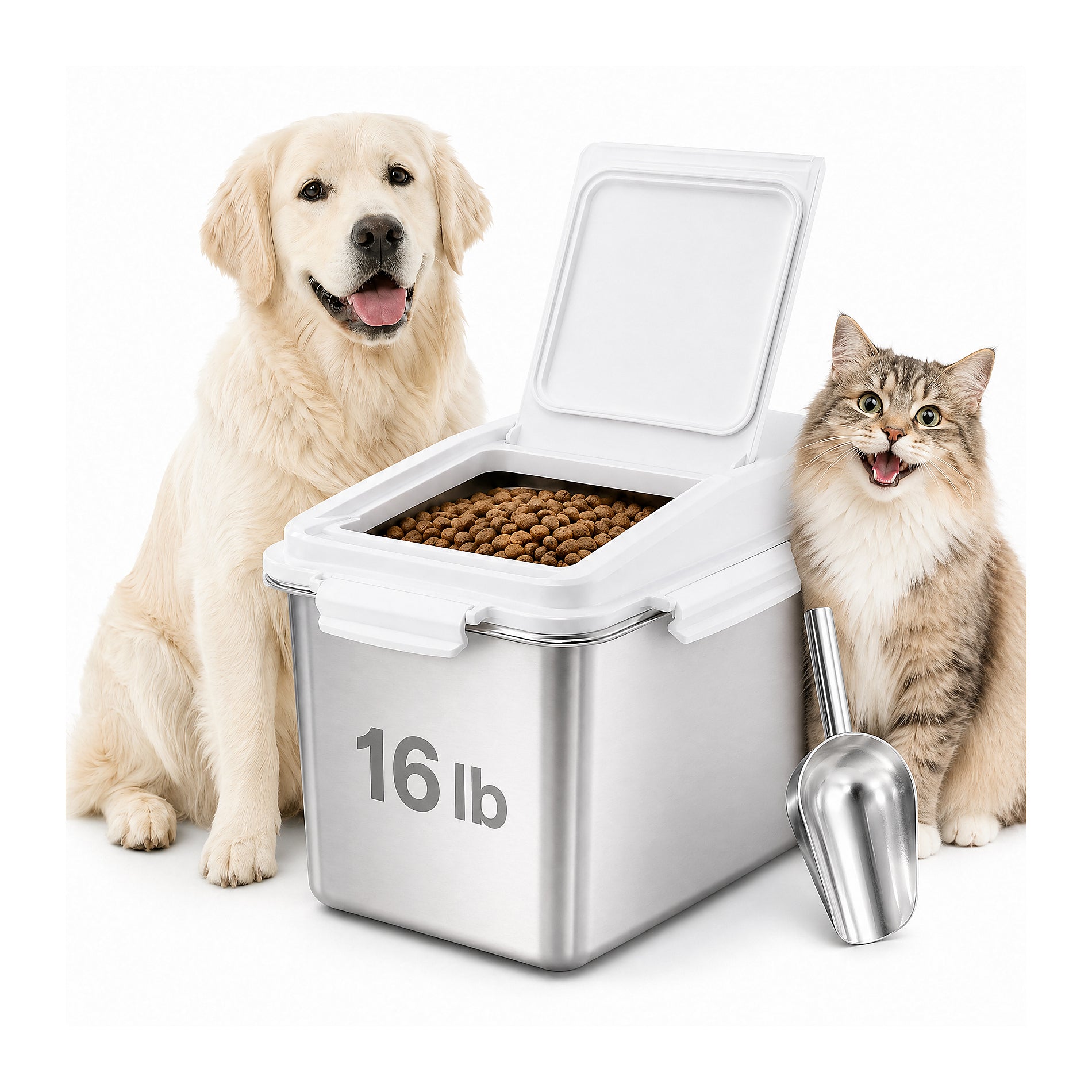 Stainless steel pet food storage bin with dog and cat