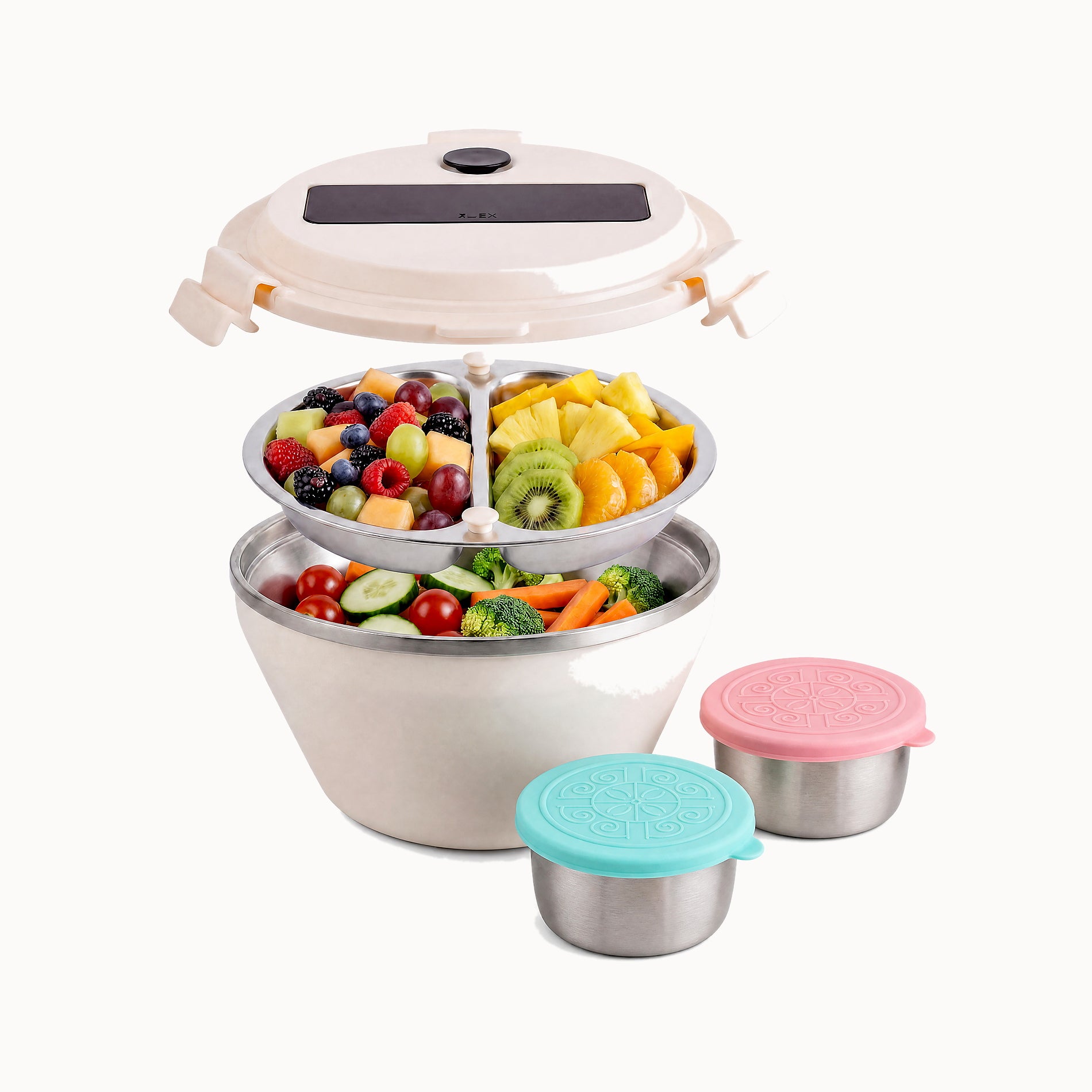 Double layer salad bowl with sauce cups